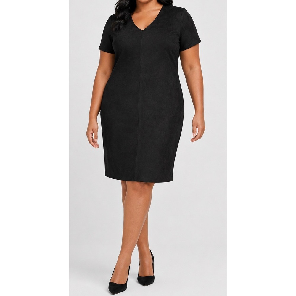 SPANX Faux Suede Column Dress Black 1X V-Neck Short Sleeve NWT